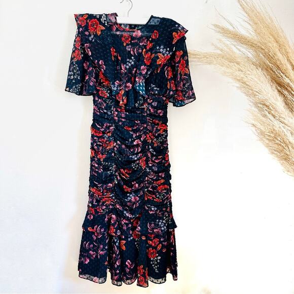 Keepsake Need You Now Navy Blue Red White Floral Ruffle Rouched Midi Dress XS - Picture 2 of 14